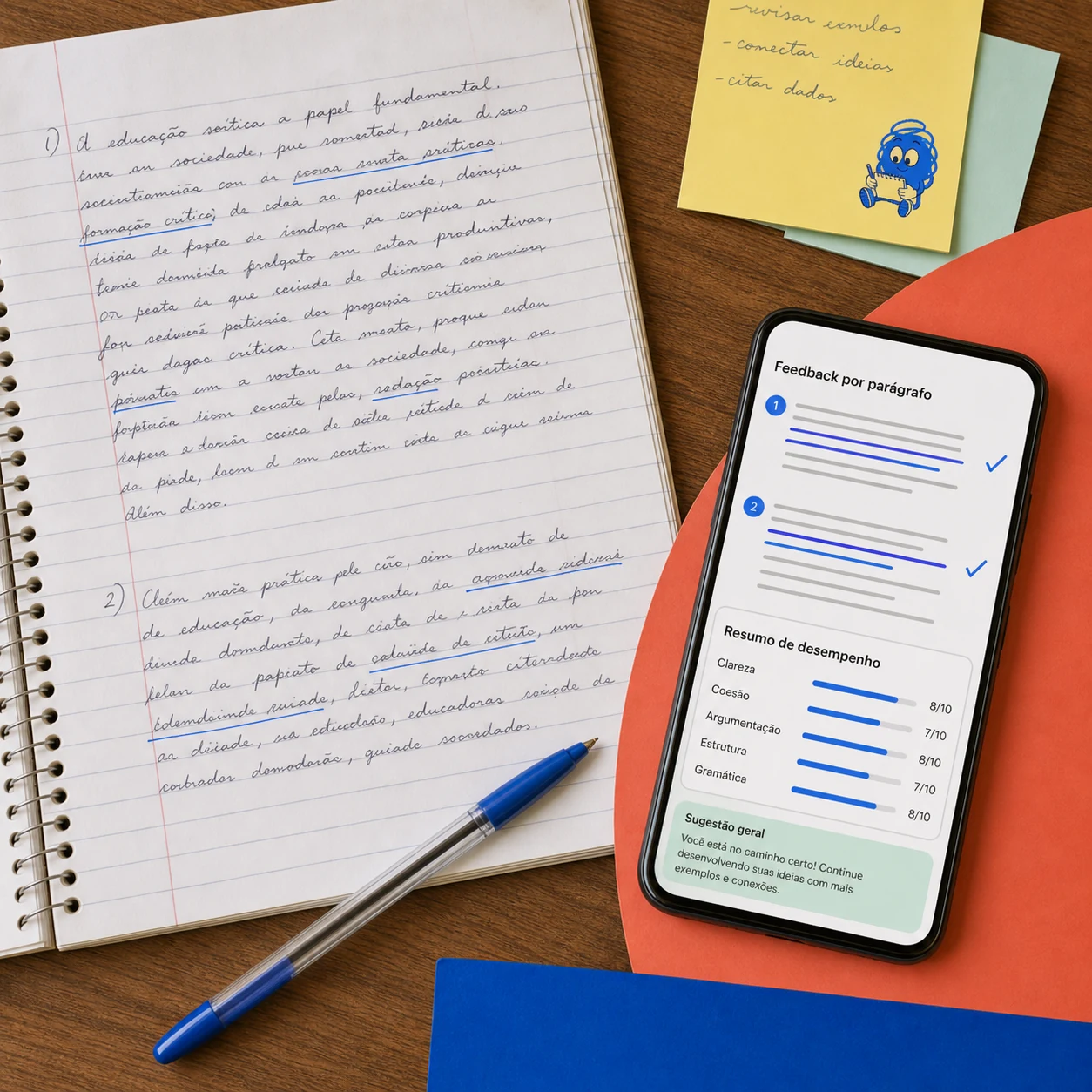 Redação manuscrita ao lado do feedback por parágrafo no celular